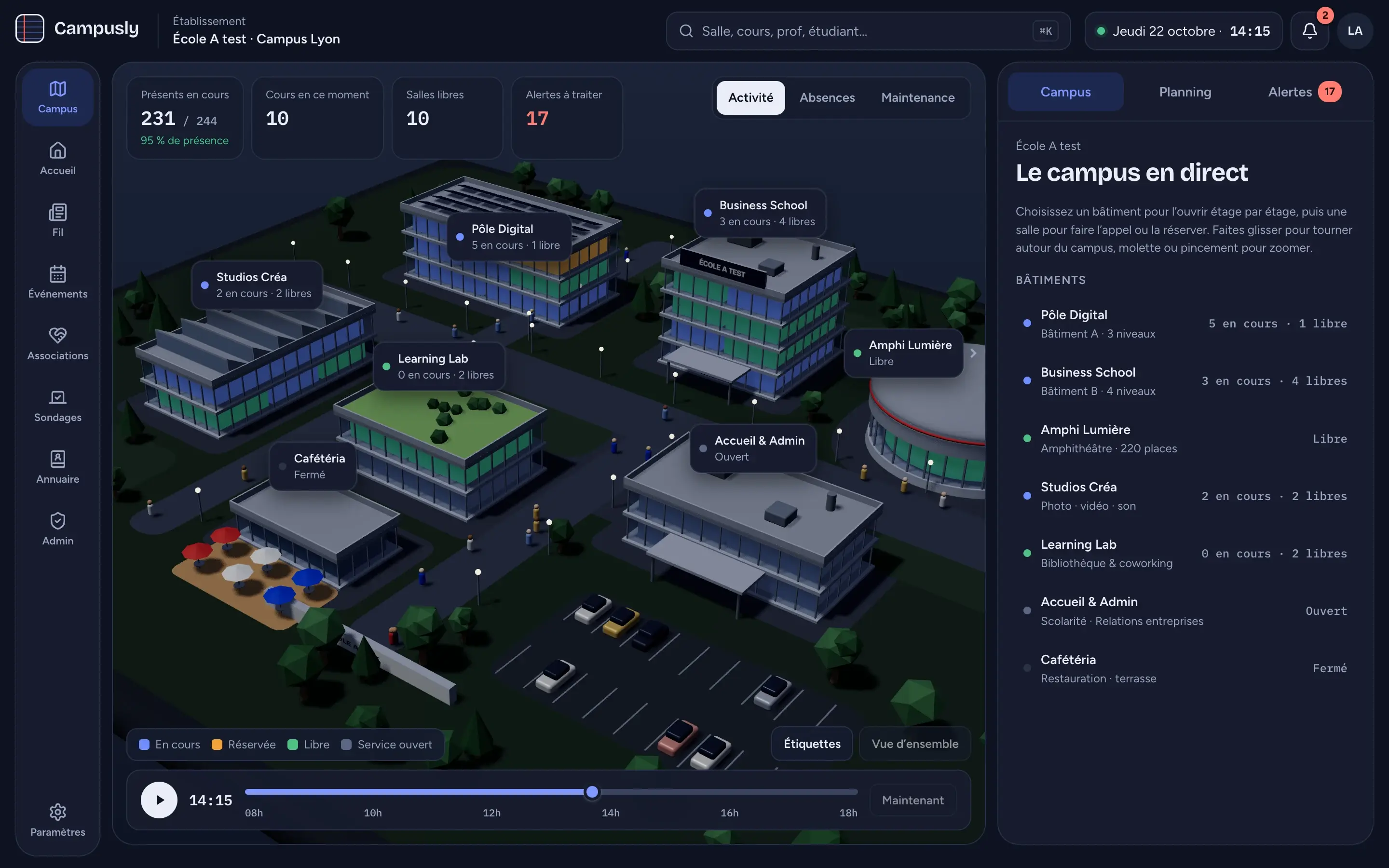 Campusly en mode soirée : le campus en 3D avec ses bâtiments, leur occupation en direct et la liste des bâtiments