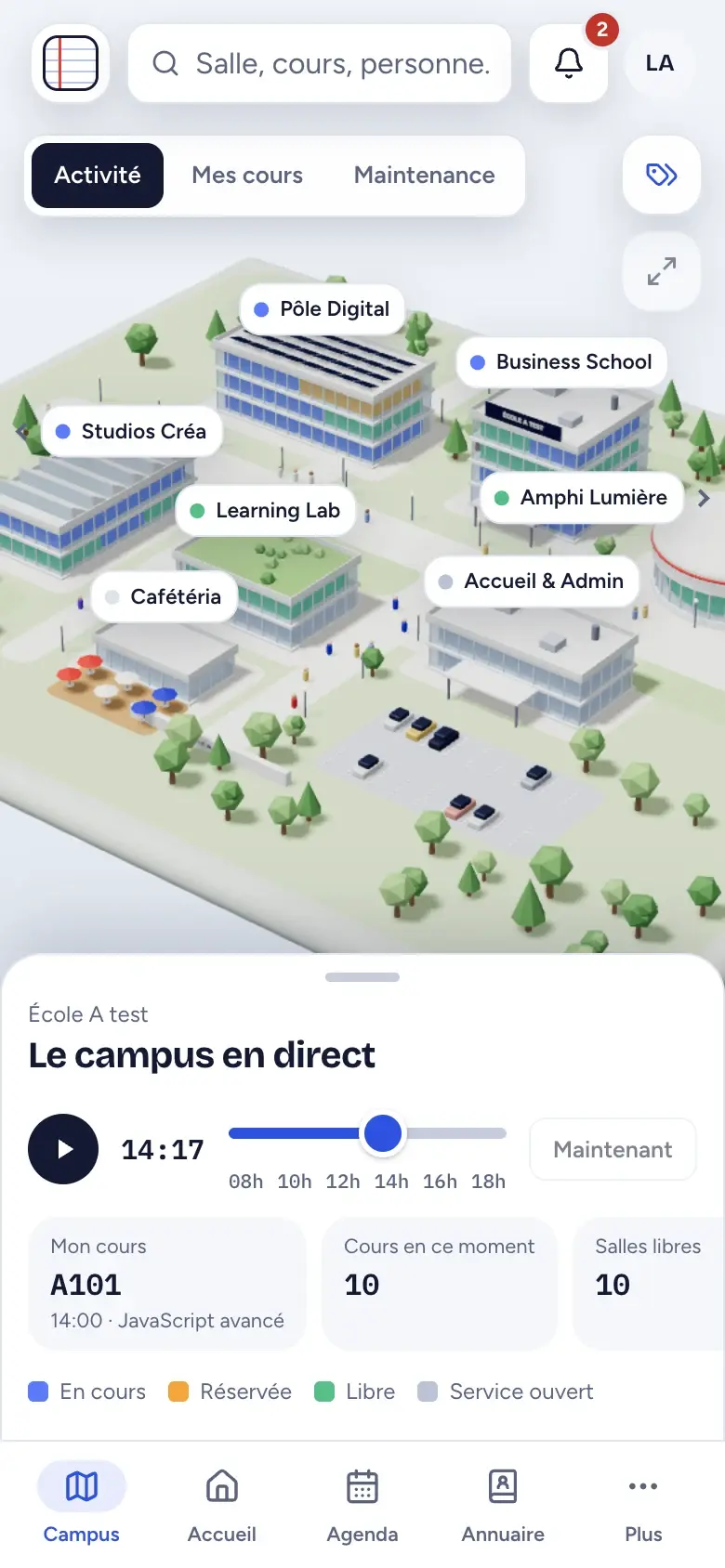 Le campus sur téléphone : la carte 3D et sa feuille avec le cours en cours et les salles libres