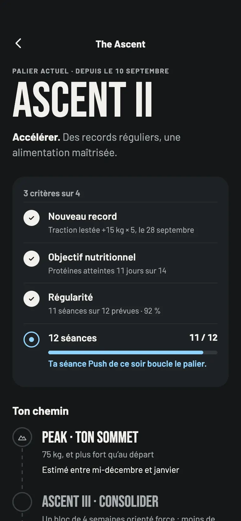 Le parcours en paliers et les critères du palier en cours