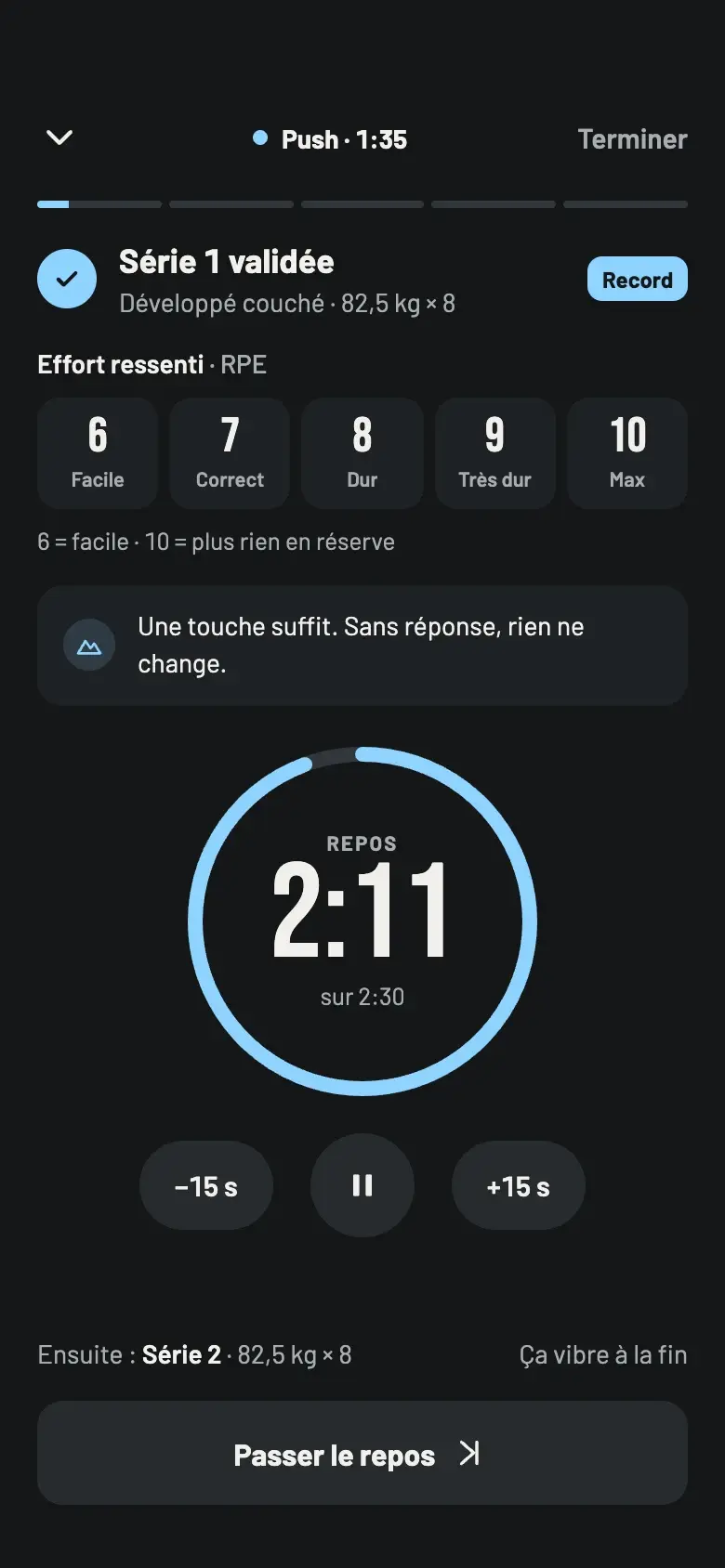 Le minuteur de repos et l’effort ressenti après une série
